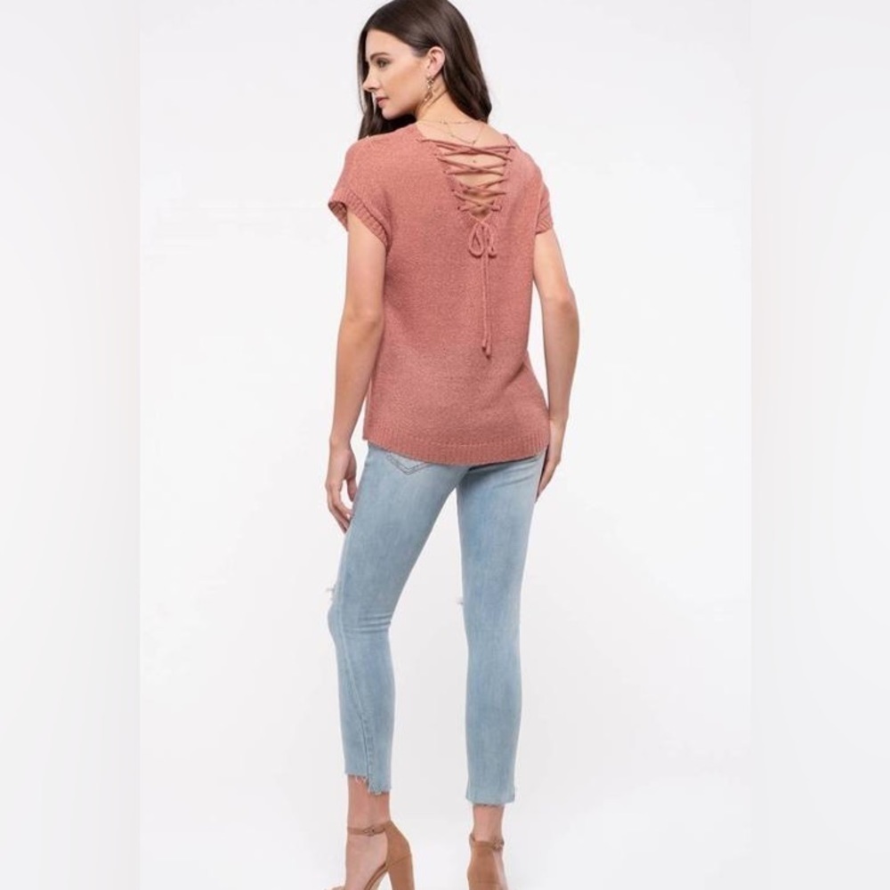 Mine Lace Up Back Knit Top Size Small Dusty Rose Short Sleeve Chic NWT - Picture 4 of 8